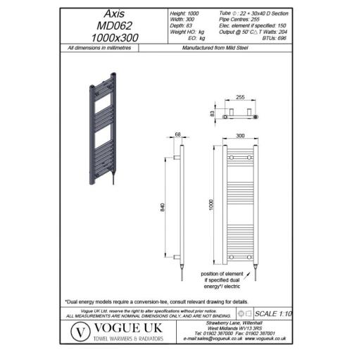 Vogue Axis 1000 x 300mm Straight Ladder Towel Rail Heating Only Chrome 696BTU MD062 MS10030CP